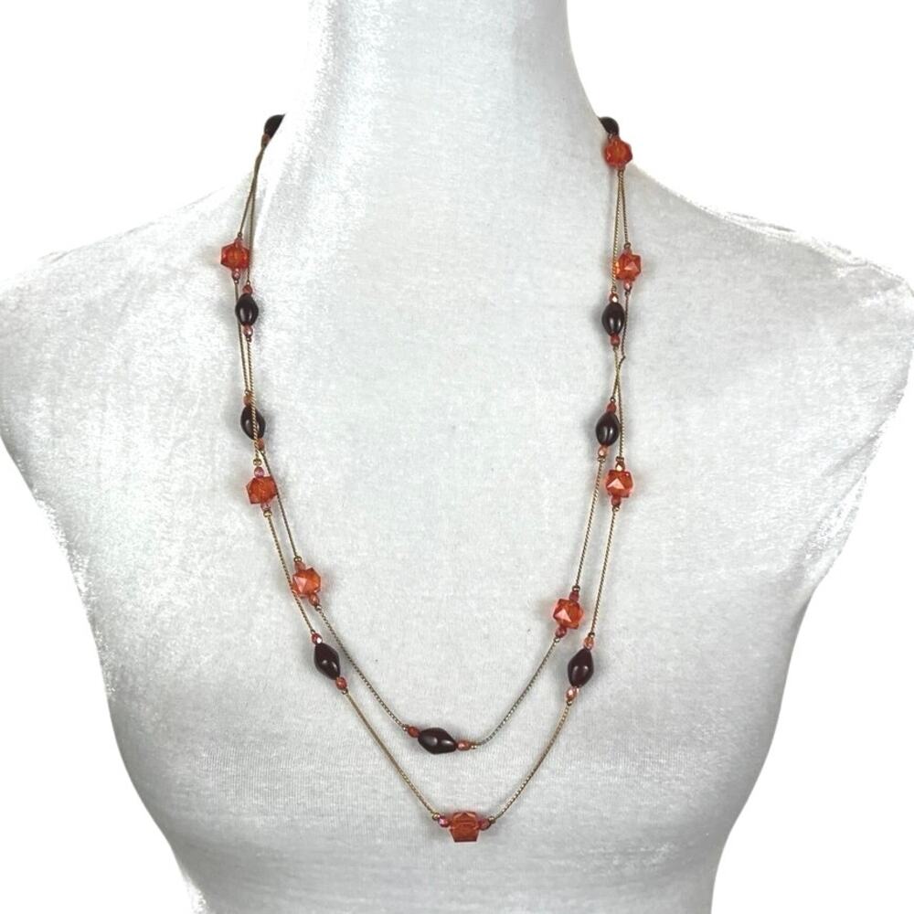 Gold Chain Layered Necklace with Purple and Orange Beads